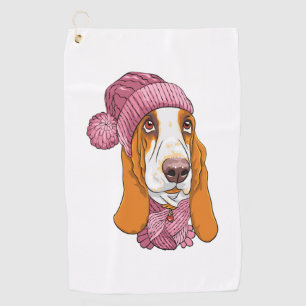dog Basset Hound breed in knitted hat  Golf Towel