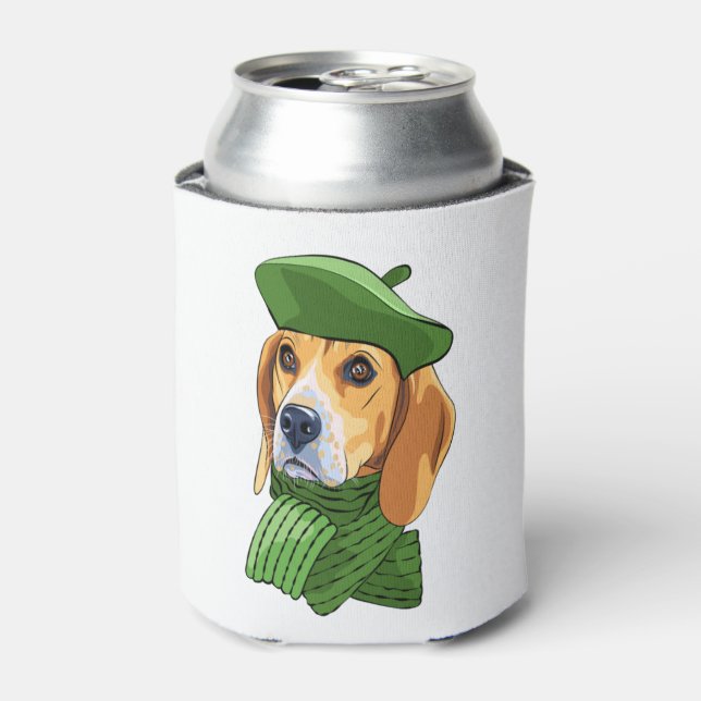 Dog Beagle in green French beret  Can Cooler (Can Front)