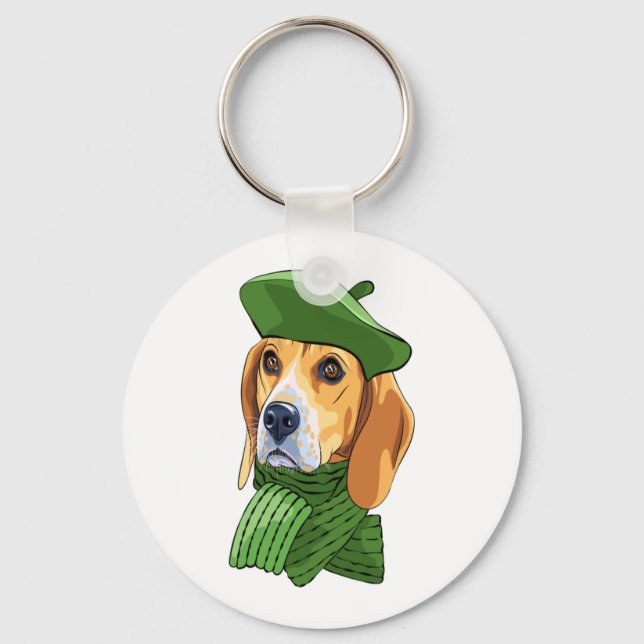 Dog Beagle in green French beret  Key Ring (Front)