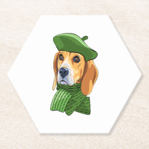 Dog Beagle in green French beret  Paper Coaster