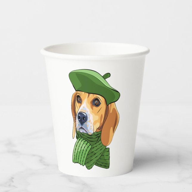 Dog Beagle in green French beret  Paper Cups (Front)