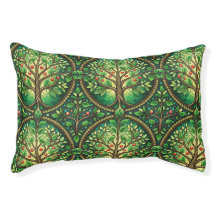 Dog bed with a repeated tree and leaf pattern