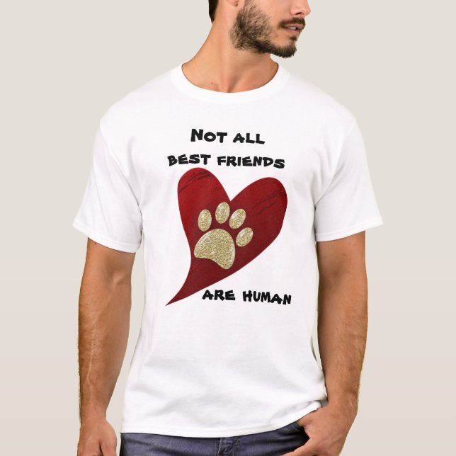 Dog Best Friend Red Heart Gold Paw Print Love T-Shirt (Front)