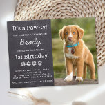 Dog Birthday Party Custom Photo Puppy Invitation Postcard<br><div class="desc">Puppy Pawty ! Host your puppy or dogs birthday with this simple rustic slate chalkboard and paw print design dog birthday party invitation card. Add your pup's favourite photo and personalise with name, age birthday, and all puppy birthday party info! This simple rustic chalkboard dog birthday invitation design is perfect...</div>