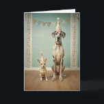 Dog Birthday Party Portrait Duo Card<br><div class="desc">Two dogs sit side by side wearing festive party hats in a charming vintage-style room. The contrast between the large spotted dog and the tiny companion adds a playful balance to the scene. Soft pastel walls, bunting decorations, and warm wooden floors create a cozy celebration setting, capturing a delightful moment...</div>