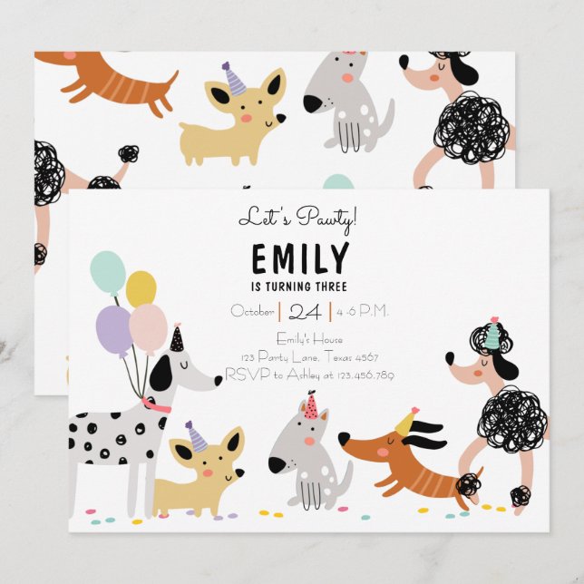 Dog Birthday Party Puppy Pawty Modern Girl Invite (Front/Back)
