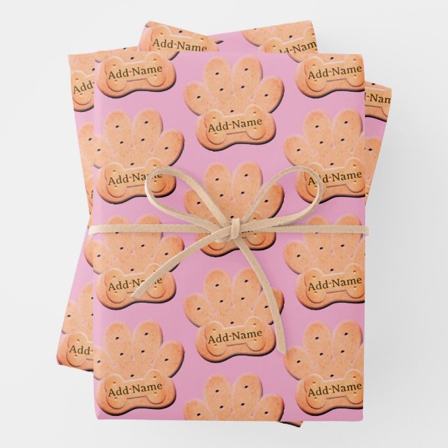 Dog Biscuit Pawprint and Bone Art Pink Wrapping Paper Sheet (In situ)