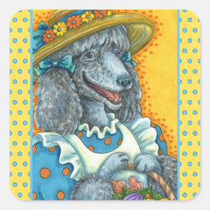 DOG BISCUITS AND EASTER EGG BASKET, CUTE POODLE SQUARE STICKER