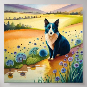 Dog black and white in the floral field poster