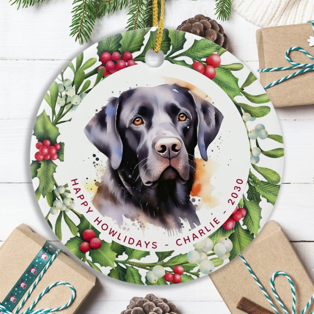 Dog Black Labrador Personalised Wreath Christmas Ceramic Tree Decoration (Creator Uploaded)