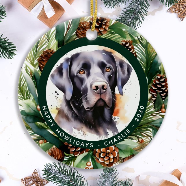 Dog Black Labrador Personalized Wreath Christmas Ceramic Tree Decoration (Creator Uploaded)