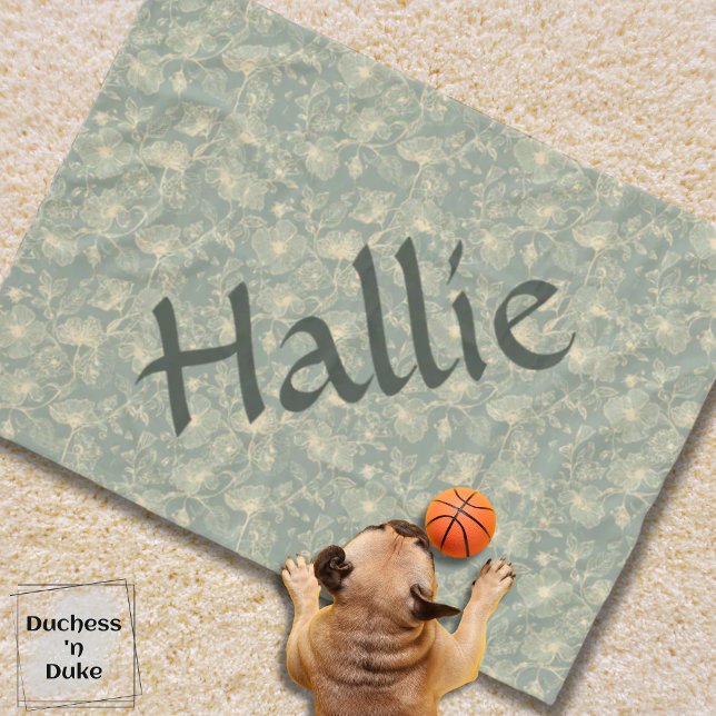 Dog Blanket - Sage Green Botanical, Personalised (Personalized Sage Green Botanical Dog Blanket on ivory carpet and puppy with toy basketball)