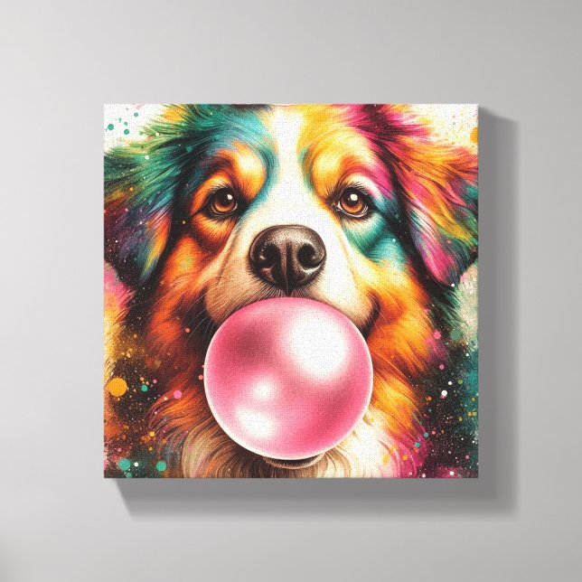 dog Blowing Bubblegum Stretched Canvas Print (Front)