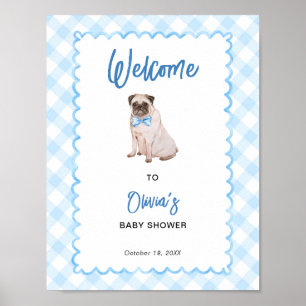 Dog Blue Gingham Baby Shower Welcome Sign