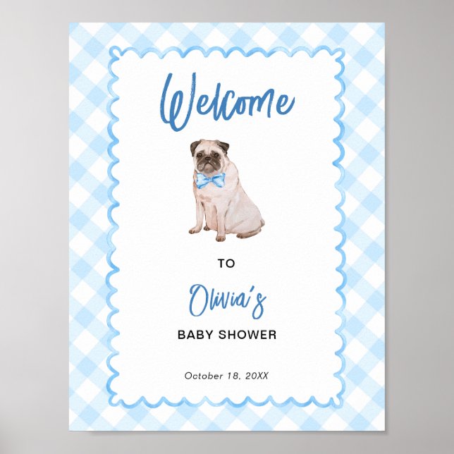 Dog Blue Gingham Baby Shower Welcome Sign (Front)