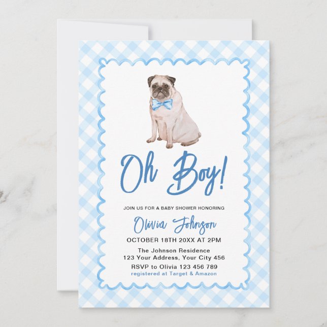 Dog Blue Gingham Oh Boy Baby Shower Invitation (Front)