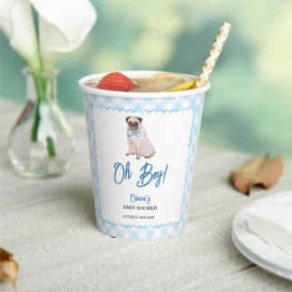Dog Blue Gingham Oh Boy Baby Shower Paper Cups