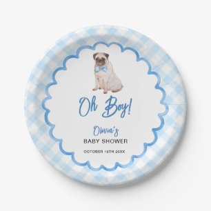 Dog Blue Gingham Oh Boy Baby Shower Paper Plate