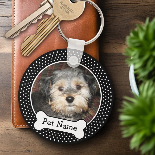 Dog Bone and Black Polka Dot Pet Photo Frame Key Ring (Personalized Keychain - Add Your Pet Dog Photo)