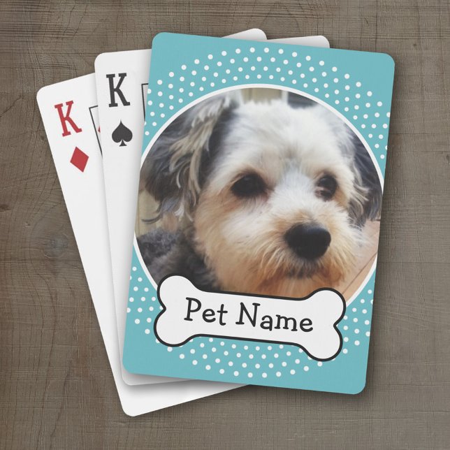 Dog Bone and Blue Polka Dot Pet Photo Frame Playing Cards (Personalized Playing Cards)