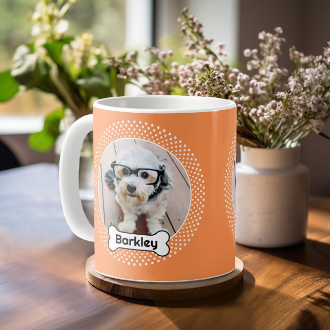 Dog Bone and Polka Dot Pet Photo Frame Coffee Mug (Personalized mug with a photo on each side - pet theme)