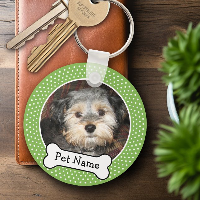 Dog Bone and Polka Dot Pet Photo Frame Key Ring (Personalized Keychain - Add Your Pet Dog Photo)