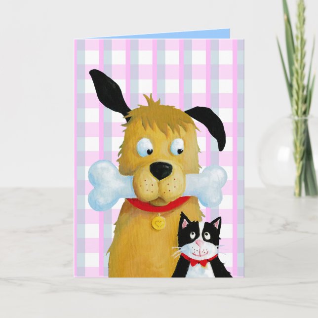 Dog Bone & Cat on Tartan Pattern - Greeting Card (Front)