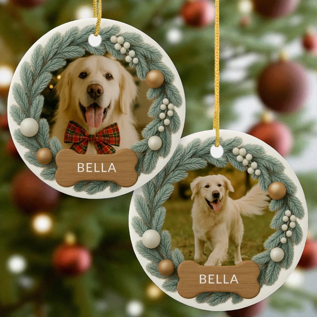 Dog Bone Custom Name Photo Holiday Christmas Ceramic Tree Decoration (Creator Uploaded)