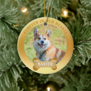 Dog Bone Memorial Gold Photo FUREVER IN OUR HEARTS Ceramic Tree Decoration