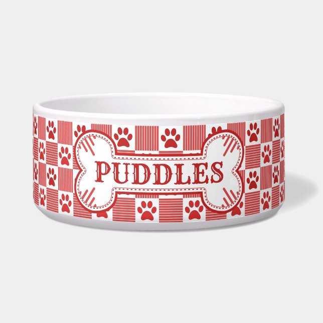 Dog Bone Name Red Paw Print Gingham | Personalised (Front)