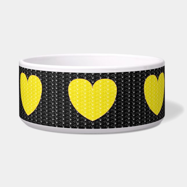 Dog Bowl Black Yellow Heart Glitter (Front)