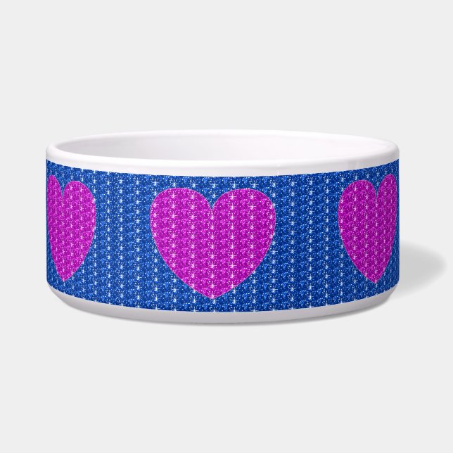 Dog Bowl Blue Pink Heart Glitter (Front)