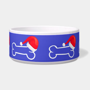 Dog Bowl Blue Santa Hat Bone