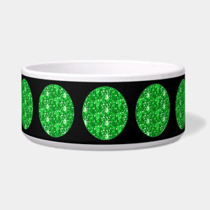 Dog Bowl Green Glitter Circles On Black