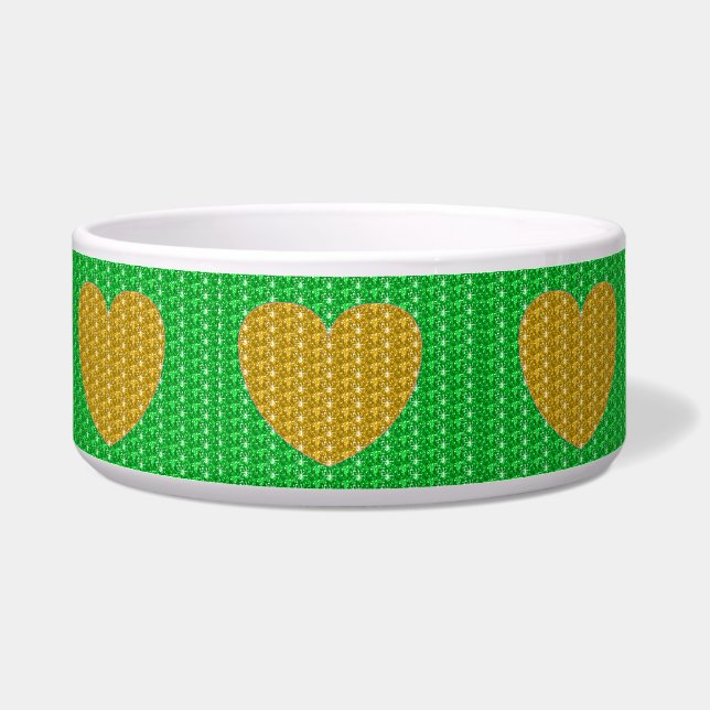 Dog Bowl Green Gold Heart Glitter (Left)