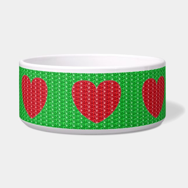 Dog Bowl Green Red Heart Glitter (Front)