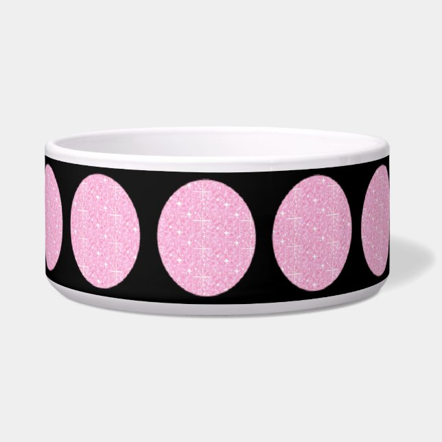 Dog Bowl Pink Glitter Circles On Black (Front)