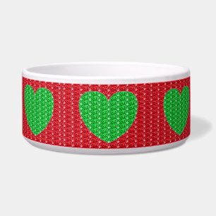 Dog Bowl Red Green Heart Glitter