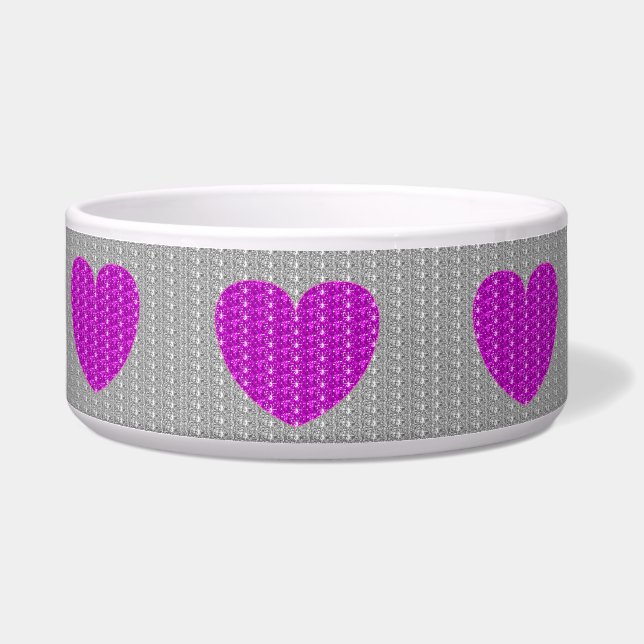 Dog Bowl Silver Pink Heart Glitter (Left)