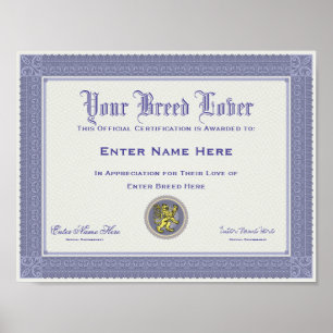 Dog Breed Lover Personalised Certification Poster