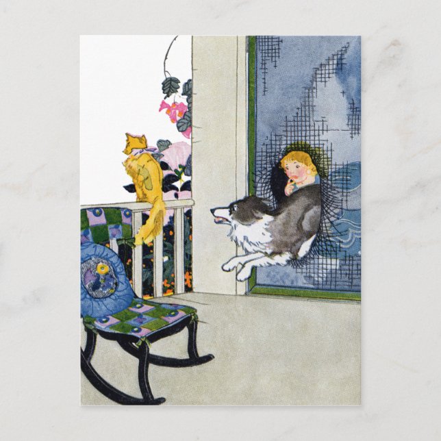 Dog Busts Screen Door to Get Cat Postcard (Front)