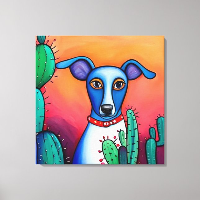 Dog Cactus Folk Art Canvas Print (Front)