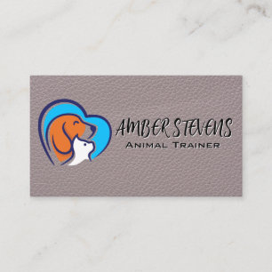Dog Cat Heart Logo   Leather Background Business Card