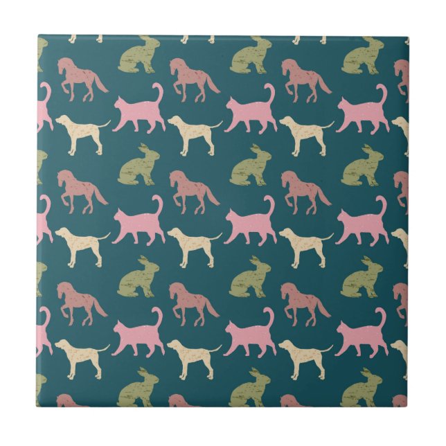 Dog Cat Horse Animal Silhouettes Pattern Tile (Front)
