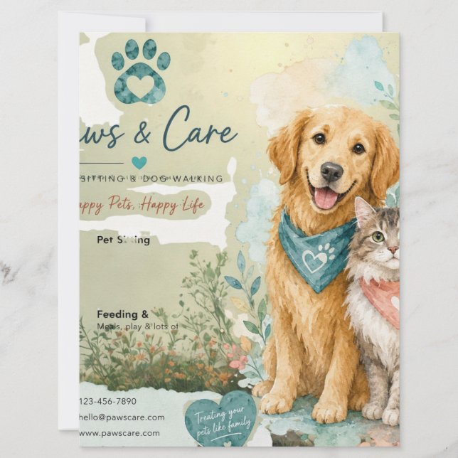  Dog & Cat Pet Sitter Dog Walker Letterhead Card (Front)