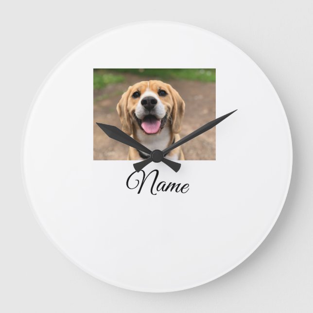 Dog cat photo add pet name cu custom personalised  large clock (Front)