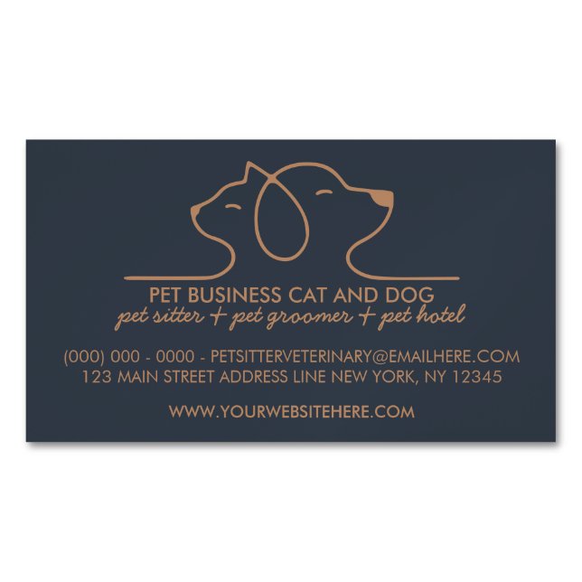 Dog Cat Simple Line Logo Veterinary Pet Magnetic Business Card (Front)