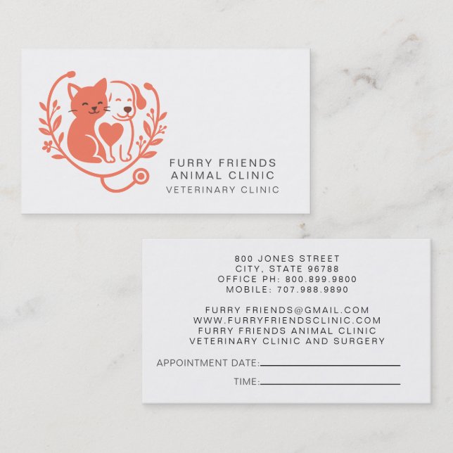 Dog Cat Stethoscope Logo Veterinarian Appointment Business Card (Front/Back)