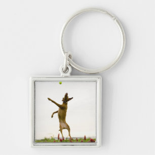 Dog catching tennis ball in mid-air key ring