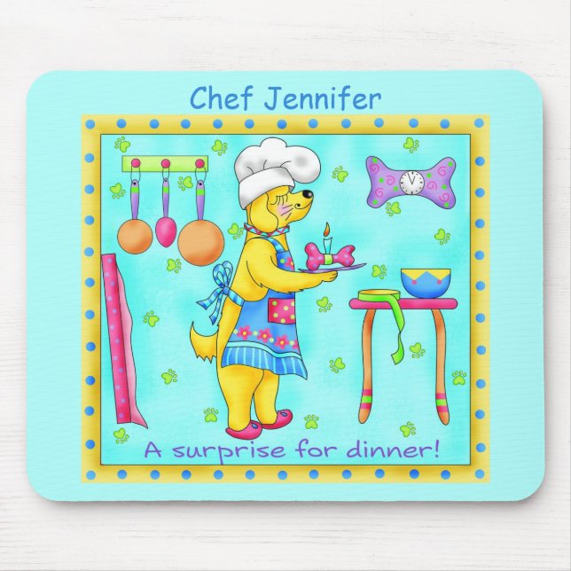 Dog Chef Cooking Dinner Art Turquoise Name Mouse Pad (Front)